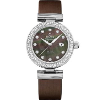 Omega De Ville Ladymatic 34 mm, staal met leren band 425.37.34.20.57.004